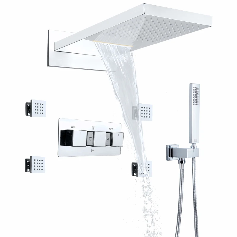 

Chrome Polished Hot And Cold Rainfall Shower Faucets 20X10 Inch Bathroom Waterfall Rainfall Concealed Shower System