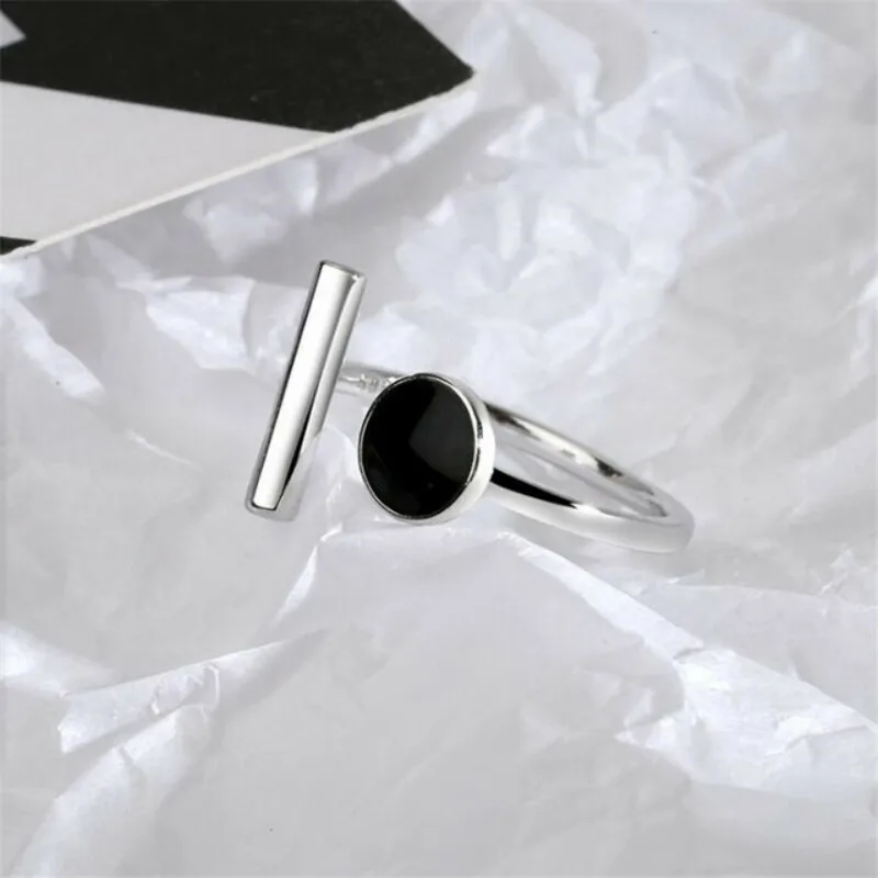 925 Sterling Silver Geometric Black Rhinestone Round Ring Female Korean Fashion Open Adjustable Handmade Couple Gifts