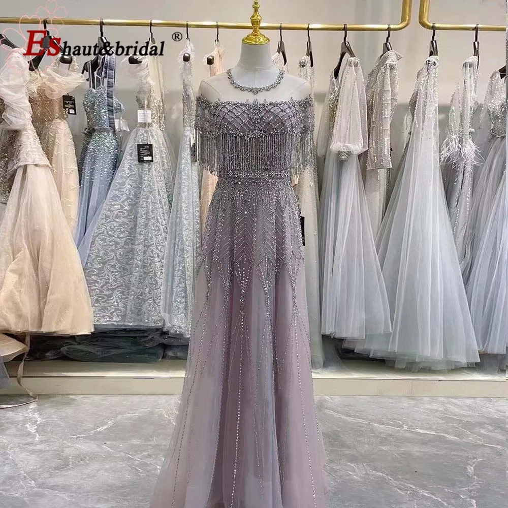 Luxury Aline Evening Night Dress for Women 2023 O Neck Sleeveless Crystal Handmade Beads Tassel Formal Prom Wedding Party Gowns