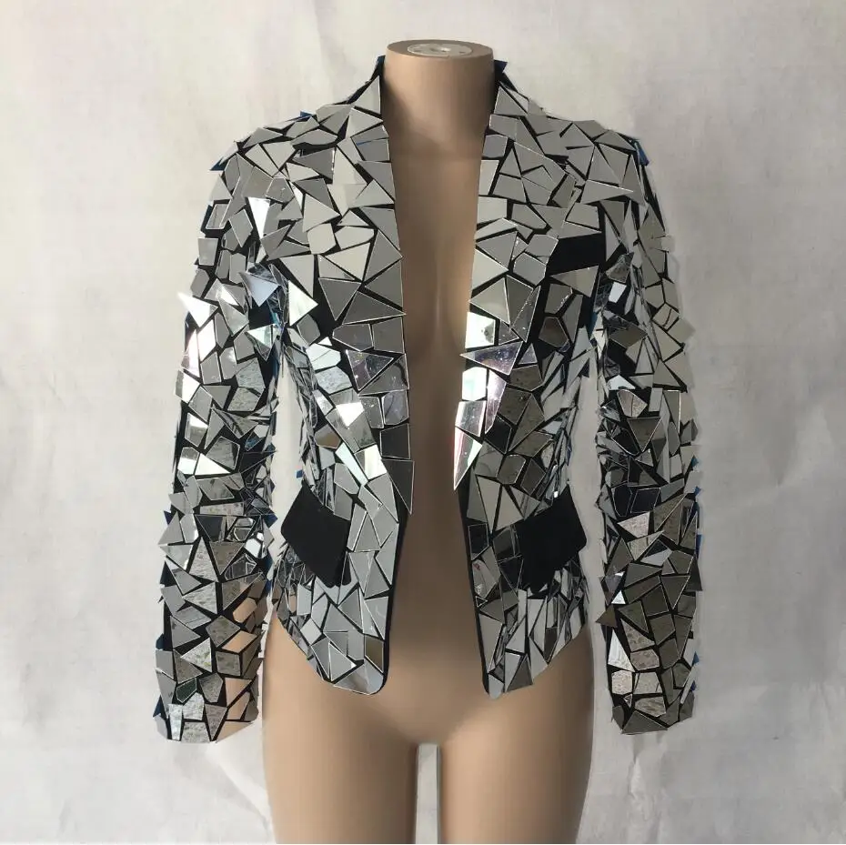 2020 Full Silver Mirrors Sexy Blazer Female Singer Dancer Prom Show Jacket Costume Handmade Customize Women's Coat