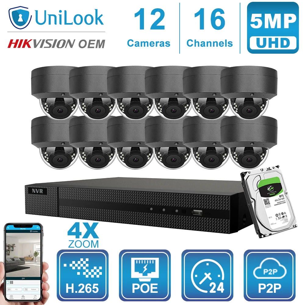 UniLook 16CH NVR 8/10/12/16Pcs Gray 5MP 4X Zoom Dome POE IP Camera Hikvision OEM H.265 Security Outdoor CCTV NVR Kits With HDD