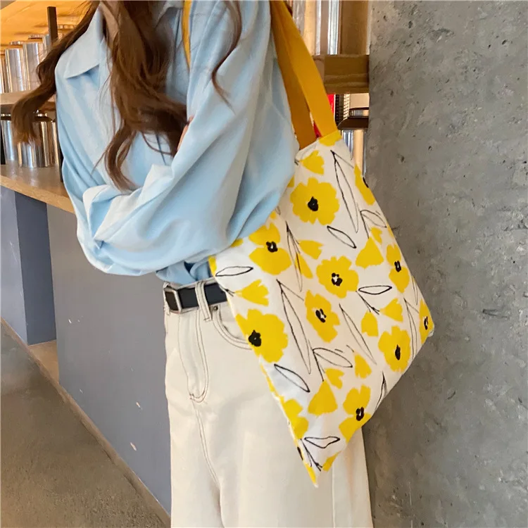 

Women Canvas Shopping Bag flowers Print Female Cotton Cloth Shoulder Bag Eco Handbag Tote bag Reusable Grocery Shopper Bags