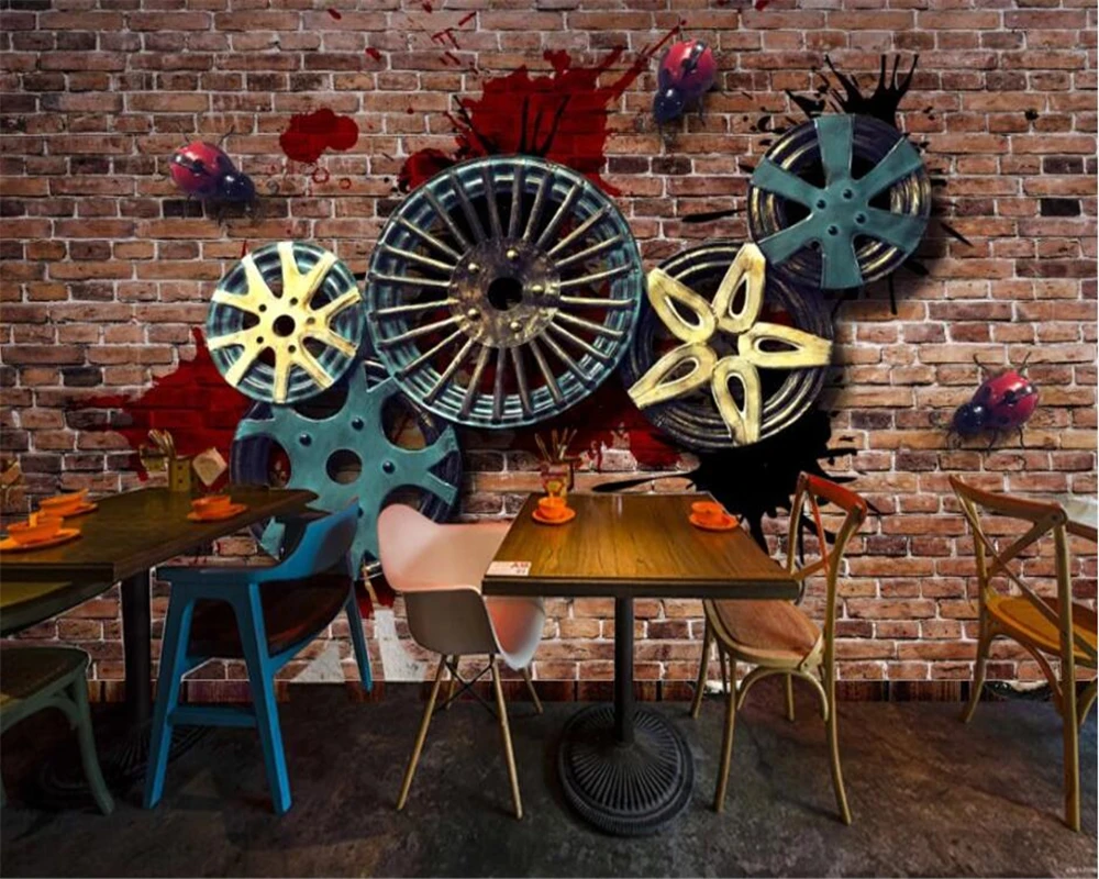 

beibehang Custom wallpaper 3d retro nostalgic metal tire wheel bar catering background wall living room 3d обои papel de parede