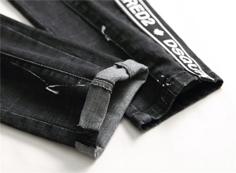 Autumn and Winter New Style Ragged Paint Stitching Men's Slim Stretch Jeans Black Tight Beggar Pants Distressed Jeans