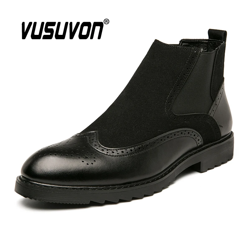 Men Casual Boots Retro Stitching Leather Oxford Brogue Shoes Breathable Autumn Winter Classic Mens Boots Slip On Footwear