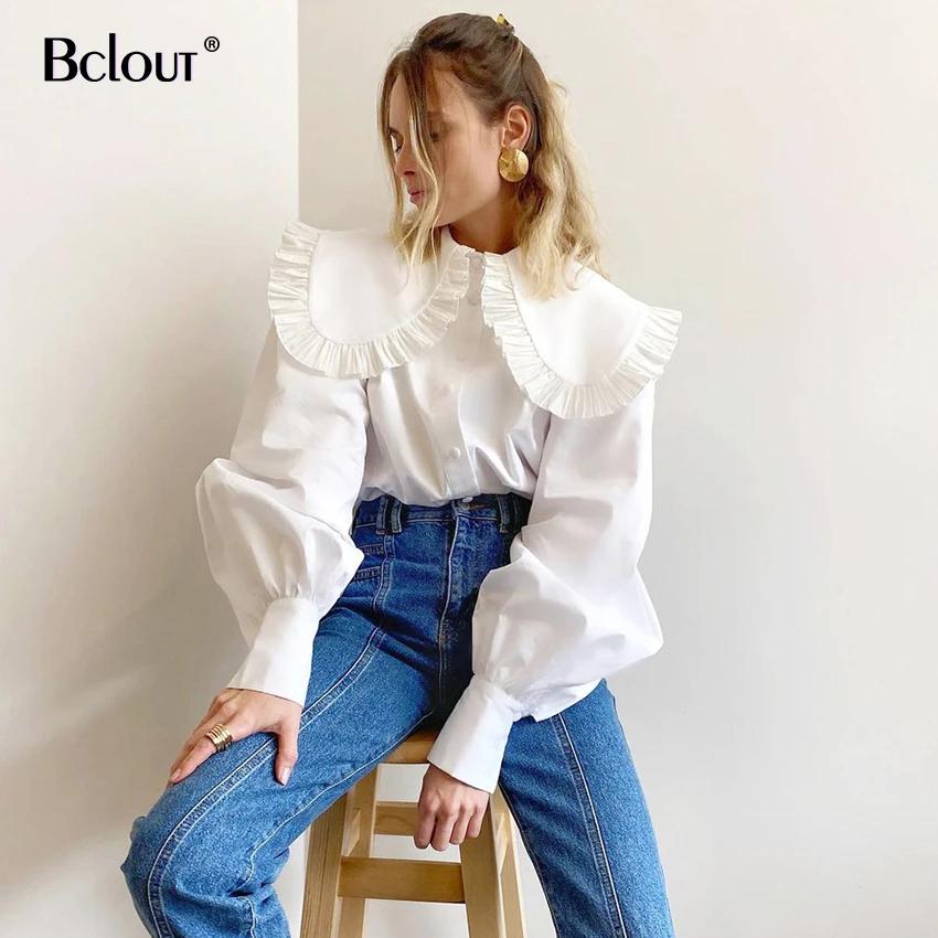 Bclout Office White Peter Pan Collar Women Blouse 2021 Vintage Ruffles Shirt Basic Casual Tunic Top Women Black Elegant Lady