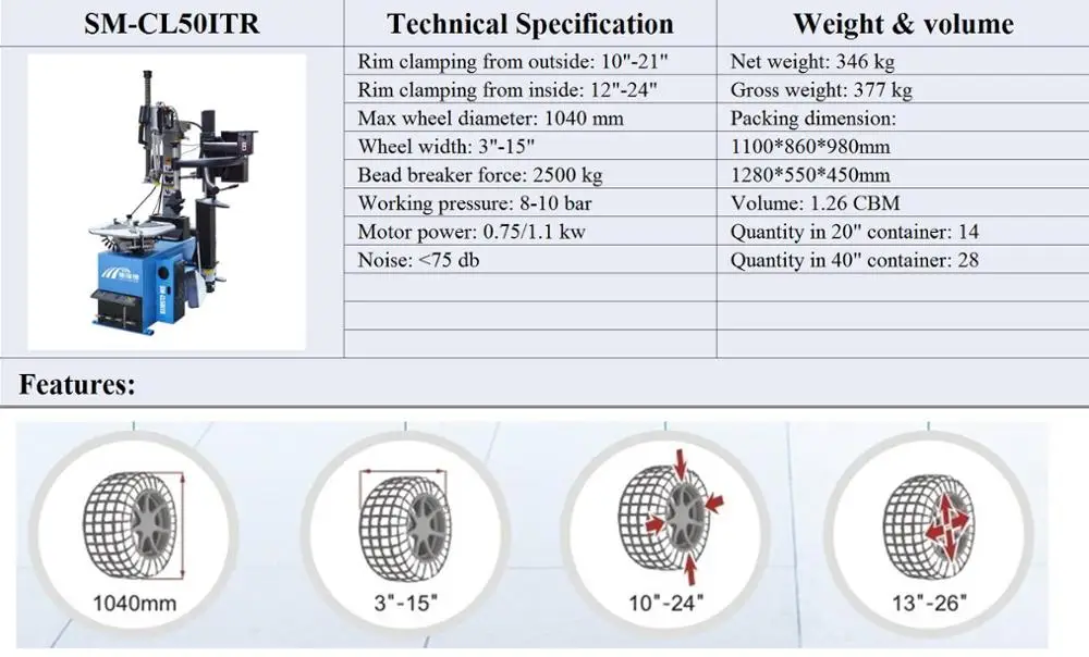 SM-CL50ITR 380V or 220V TIRE CHANGER tilt column 24 inch clamp with right helpers tire inflation