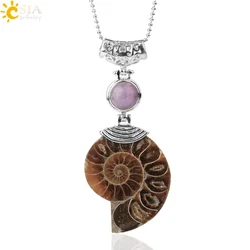 CSJA Natural Ammonite Pendant Half Cut Snail Shell Animal Necklace Conch Reliquiae Purple Crystal Women Men Jewelry E256