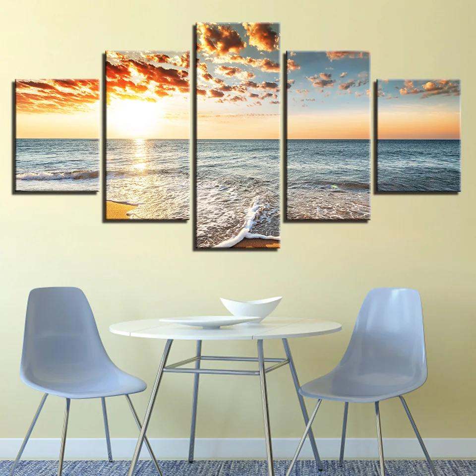 

Wall Art Paintings Modular Framework Canvas Posters 5 Framework Sunshine Beach Sea Waves Seascape HD Prints Pictures Home Decor