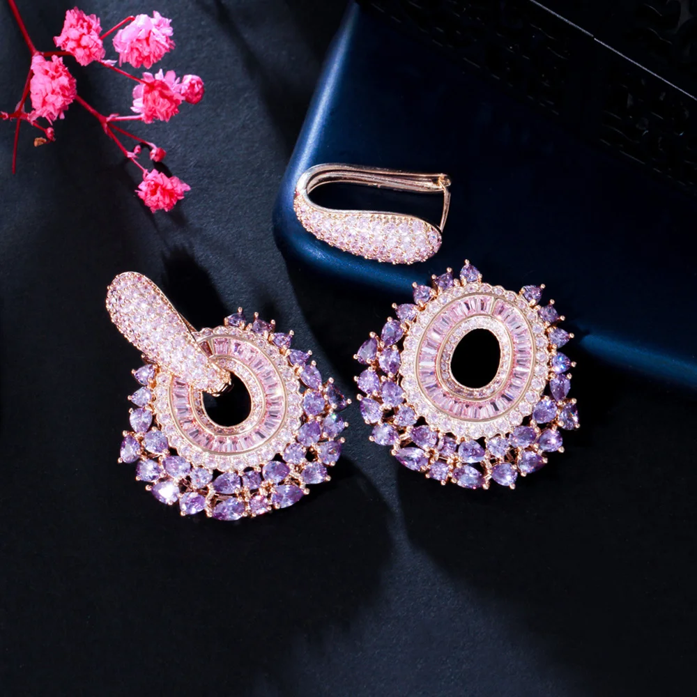 Pera Super Pink Purple CZ Stone 585 Gold Color Dangle Big Flower Circle Wedding Jewelry Engagement Party Earring for Brides E834