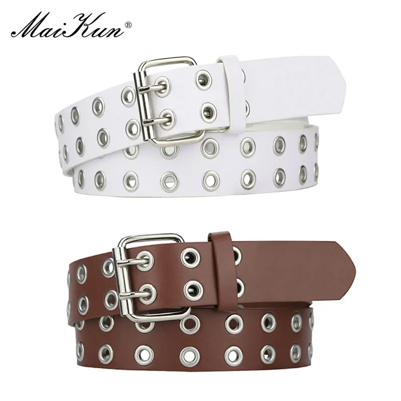 MaiKun Women Punk Goth Belts Brand Leather Women Grunge Belt Halloween Double Pin Buckle Female Belt for Jeans Streetwear