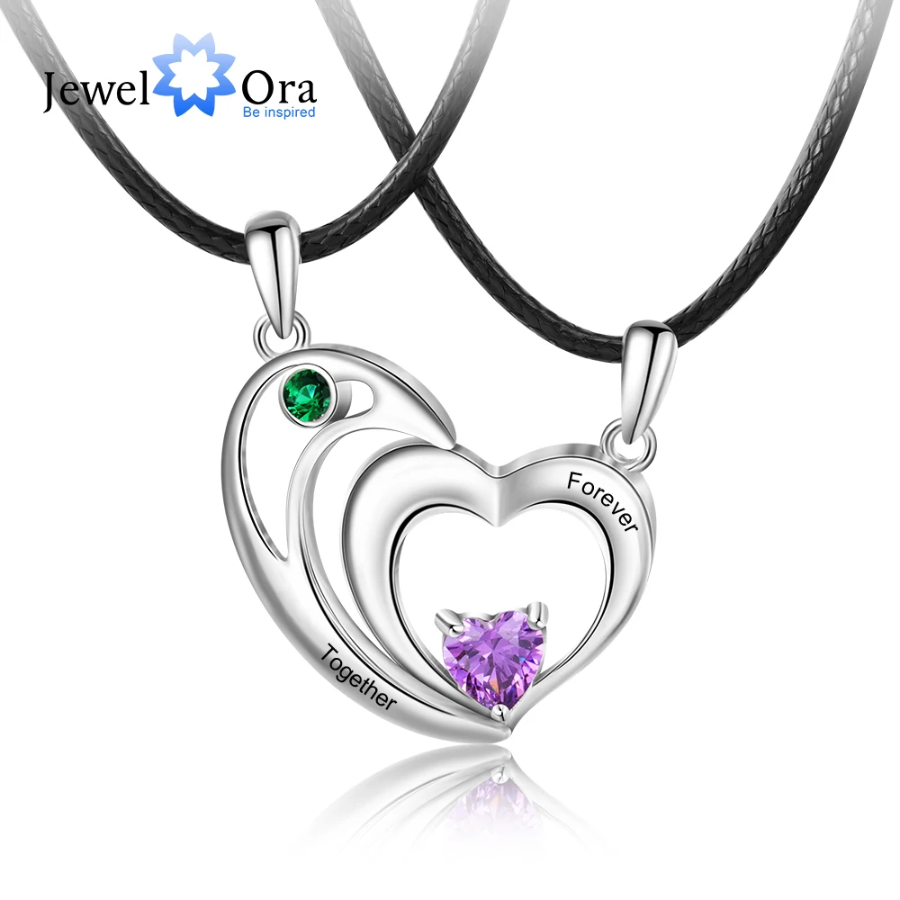 JewelOra Personalized Couples Heart Necklace Set Customize Birthstone Engravable Name Necklaces for Women Anniversary Gift