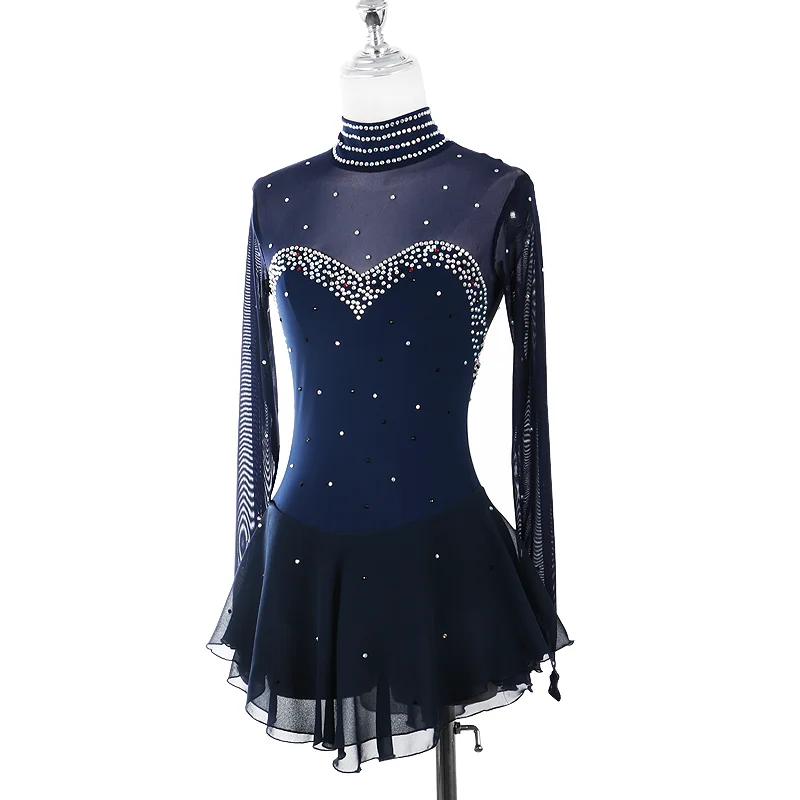 Navy Blue Red Figure Skating Dress For Women And Girls Long Sleeve Ice Figure Skating Clothes With Rhinestones