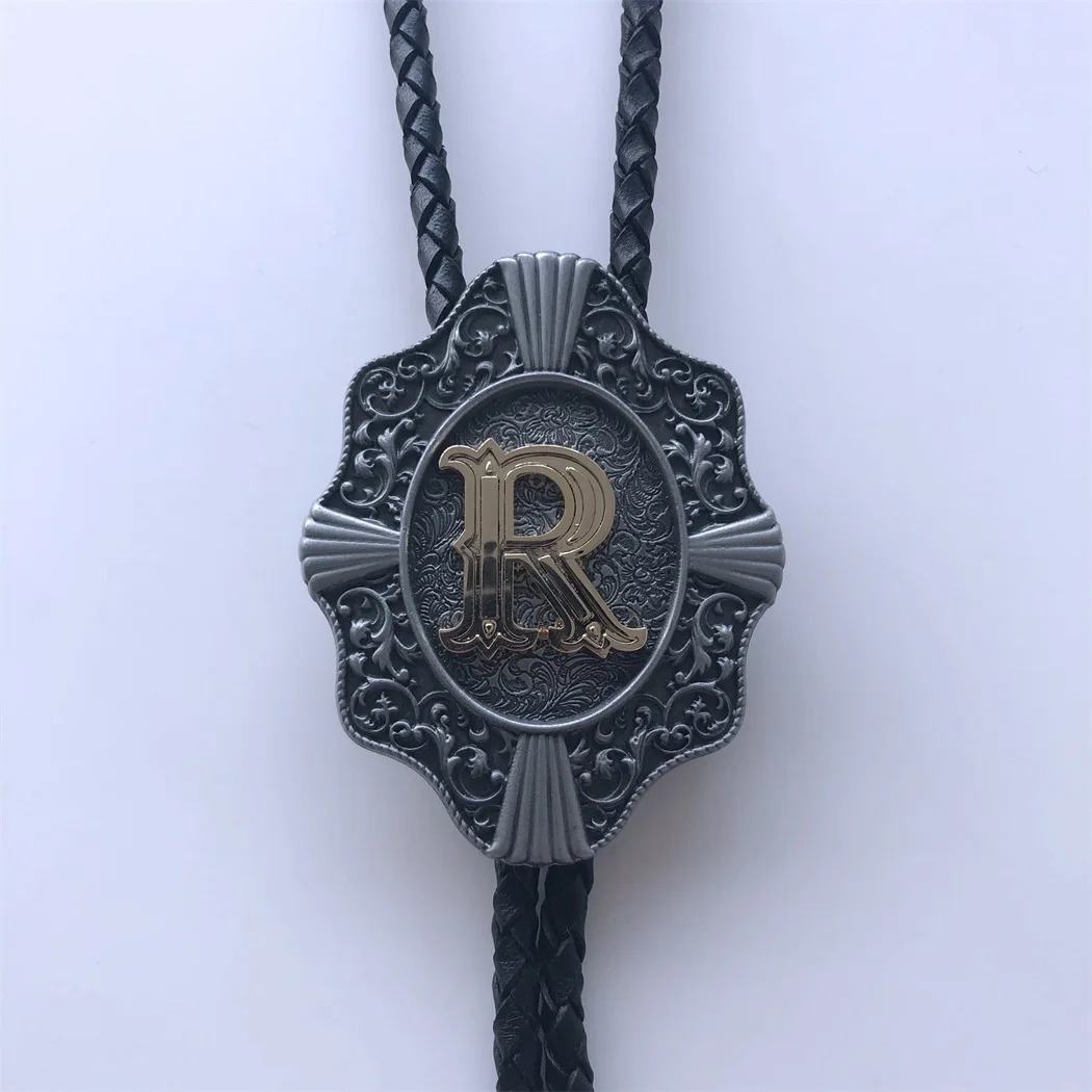 Vintage Style Initial Letter R Western Wedding Bolo Tie Neck Tie Leather Necklace