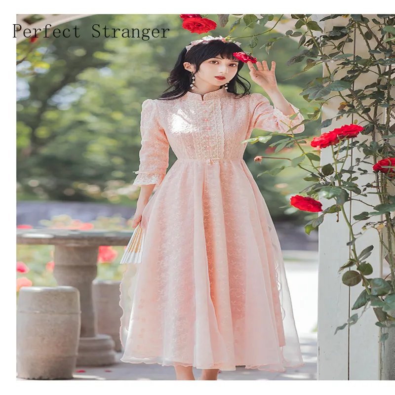 Women Dress Vintage Autumn New Arrival For 2021  Long Sleeve Stand Collar Lace Gauze Female Clothes Long Dress