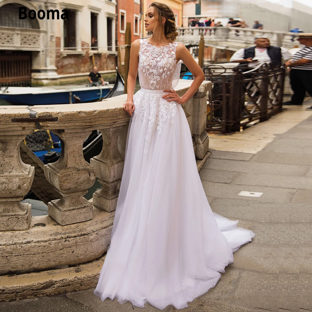 

Booma Boho Wedding Dresses 2020 Elegant Lace Appliques Tulle light pink Vintage Sleeveless Beach Birde Dress Plus Size Marriage