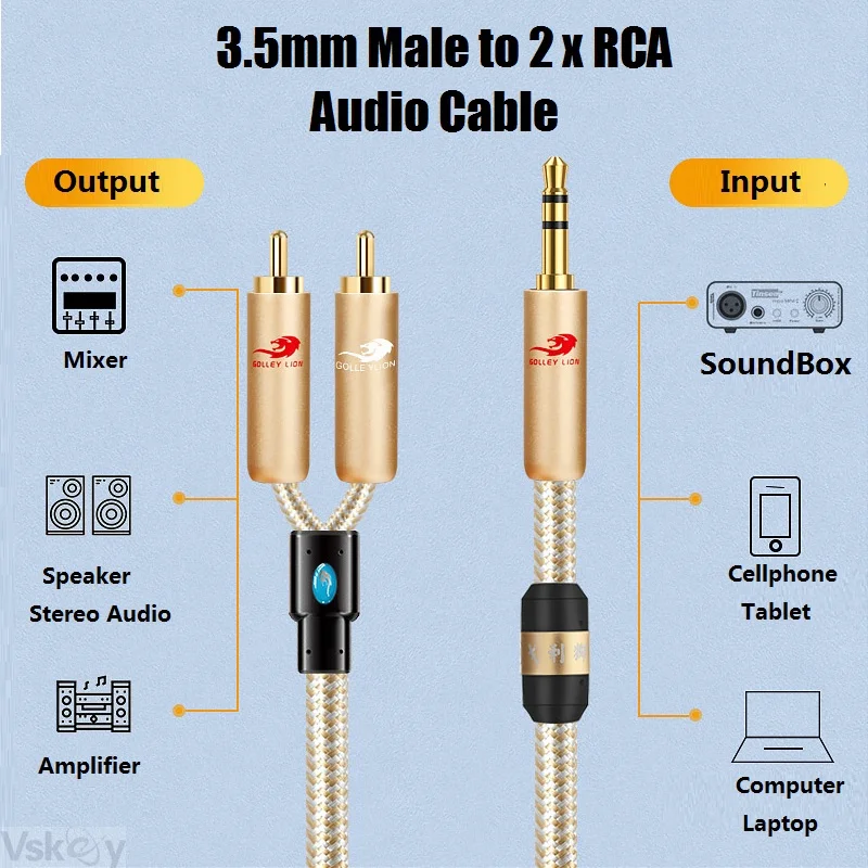 1/8‘’ TRS Stereo 3.5mm to Dual RCA Male Audio Cable for Phone PC Laptop Computer Speaker Amplifier 2RCA Splitter Y Shielded Cord