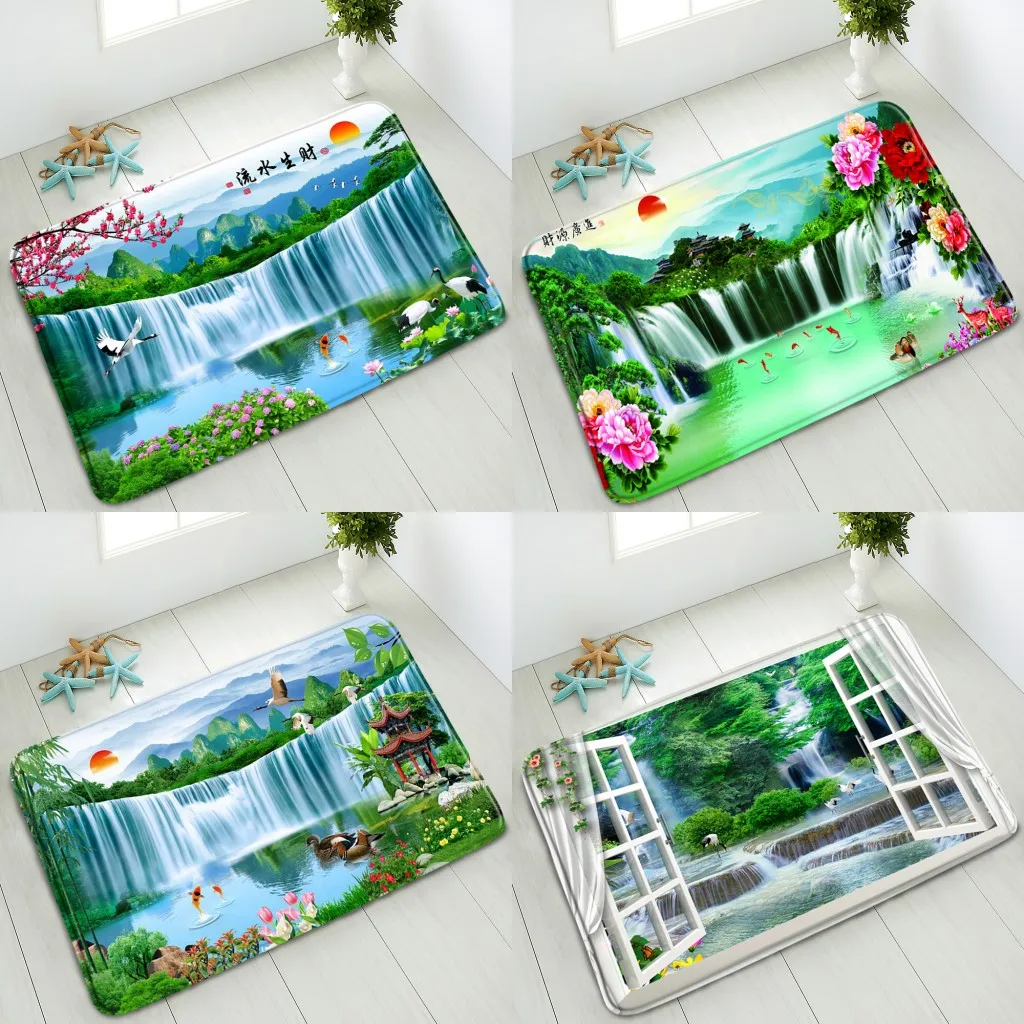 Waterfall Landscape Bathroom Anti-slip Mat 3D Window Green Forest Flowers Plants Crane Indoor Entrance Doormat Absorbent Carpet