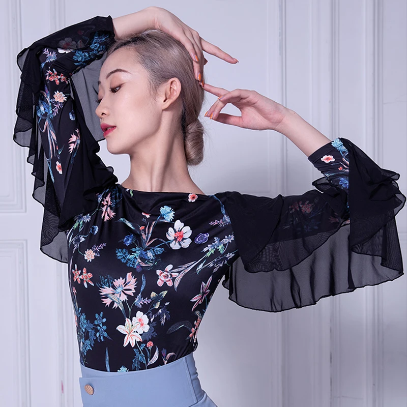 

Floral Ballroom Dance Tops Women Performance Costume Mesh Practice Wear Long Sleeve Modern Dancewear Tango Dance Outfit JL3567