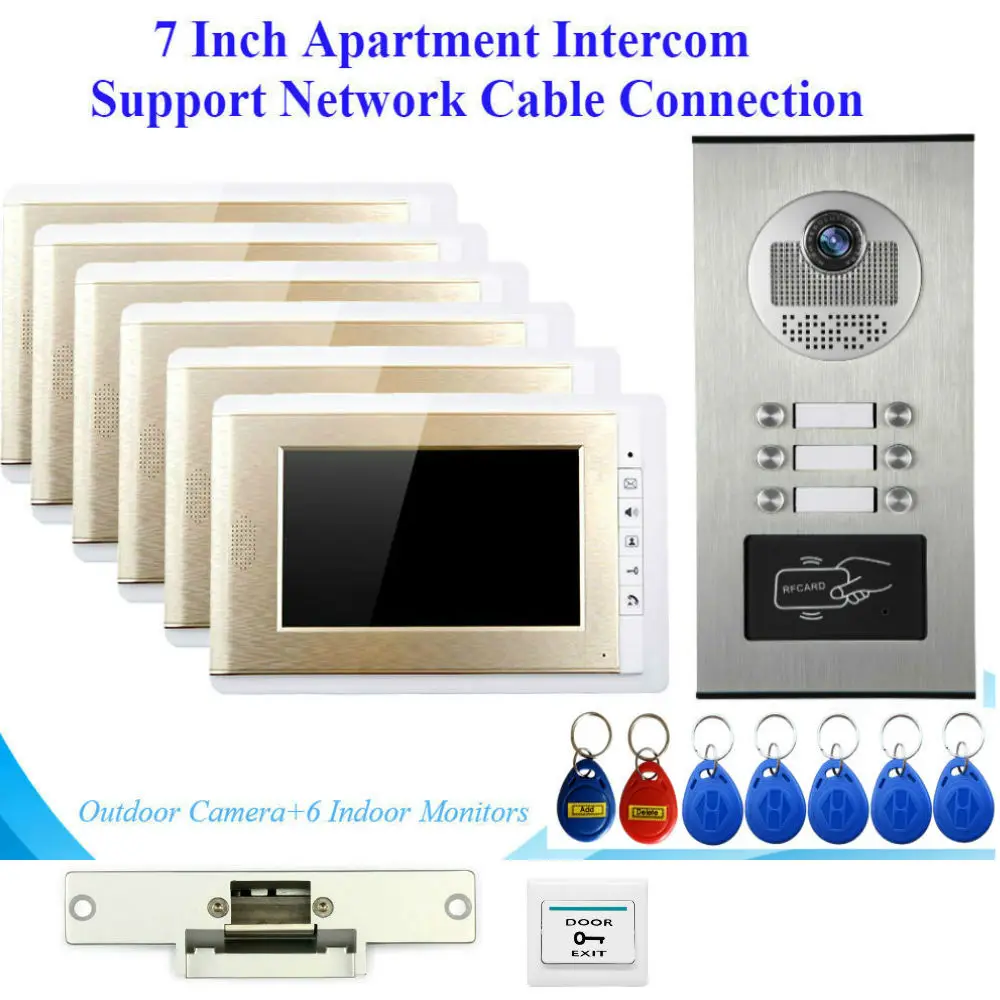 

2~6 Units Apartment Wired Network Cable Video Door Phone Doorbell Intercom System 7 Inch Monitor RFID Access Unlock Door Interco