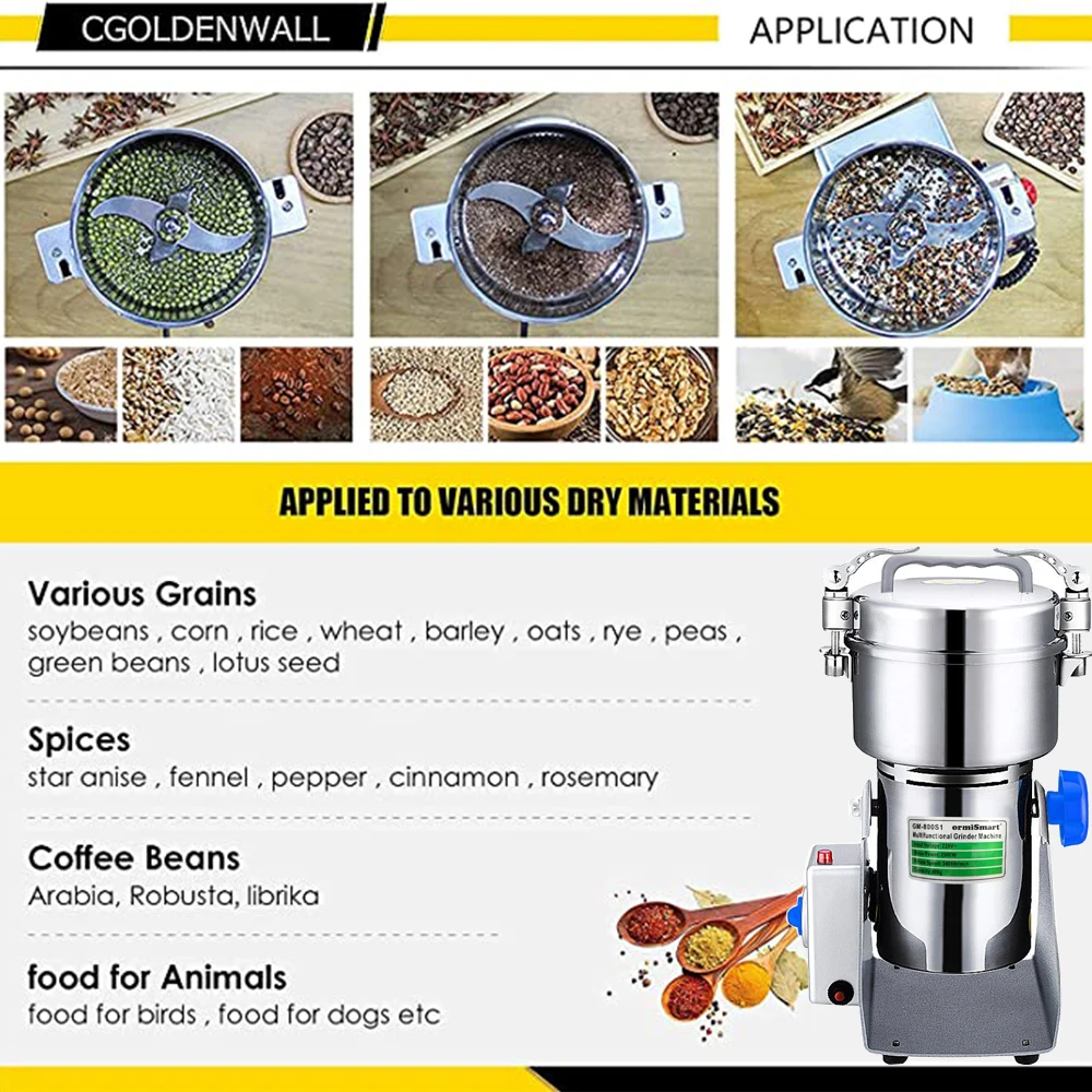 800G Herb Grinder Coffee Machine Grain Spices Mill Medicine Wheat Mixer Dry Food Grinder Big Capacity Stainless Steel