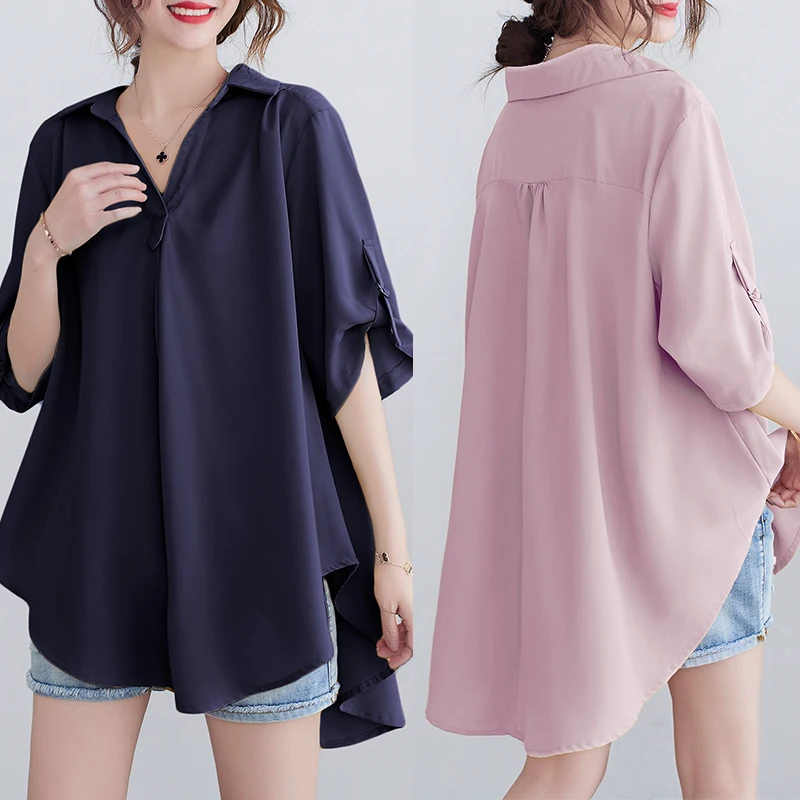 

Summer Blouse Chiffon Shirt Women's Clothing Irregular Loose Slim Casual Short-sleeved Shirts D1220