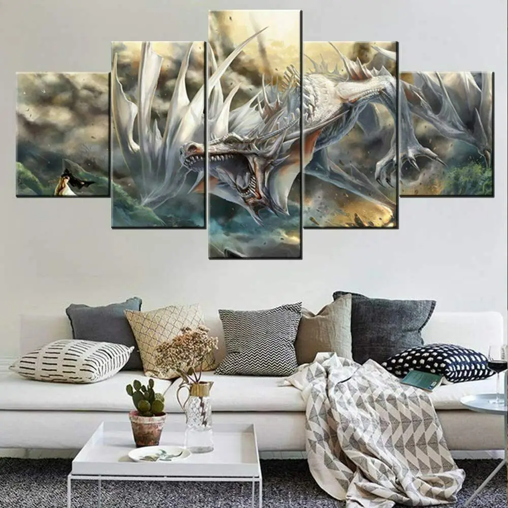 

Wall Art White Dragon Fantasy Scenery Paintings Canvas Pictures Home Decor Unframe 5 Pieces HD Prints Landscape Posters