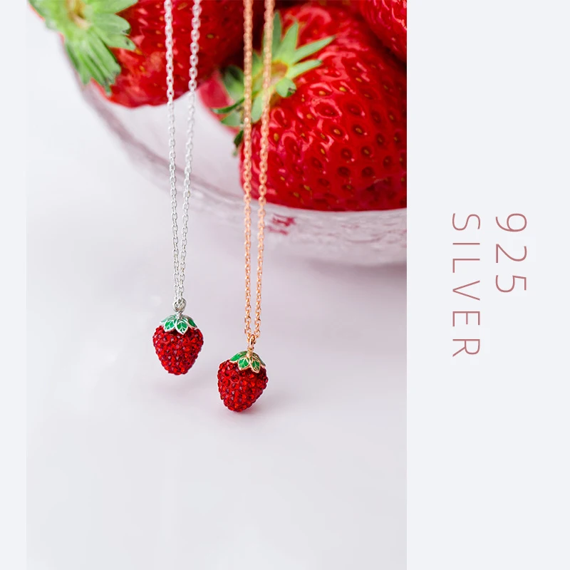 Modian Genuine 925 Sterling Silver Fashion 3D Strawberry Pendant Necklace for Women Crystal Chain Link Necklaces Fine Jewelry