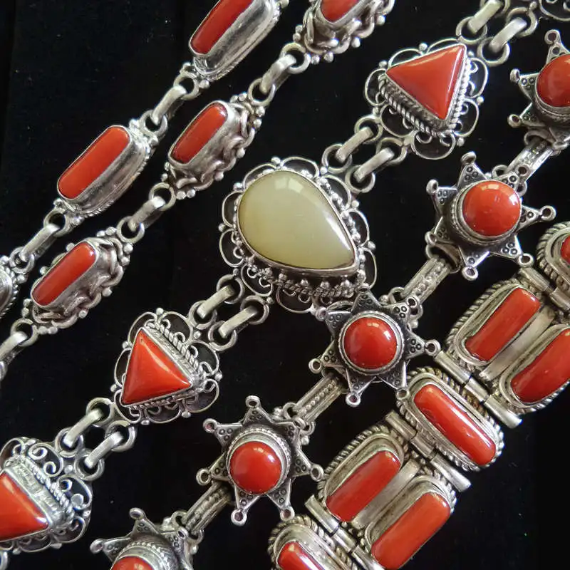 Nepal 925 Sterling Silver Vintage Jewelry Inlay Bamboo Coral Chain Bracelets for Girls T9005