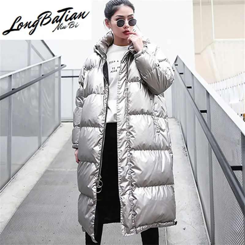 Korean Winter Long Down Cotton Jacket Women Fashion Glossy Silver Hooded Coat 2020 Plus size Loose Thin Warm Parkas Mujer Female