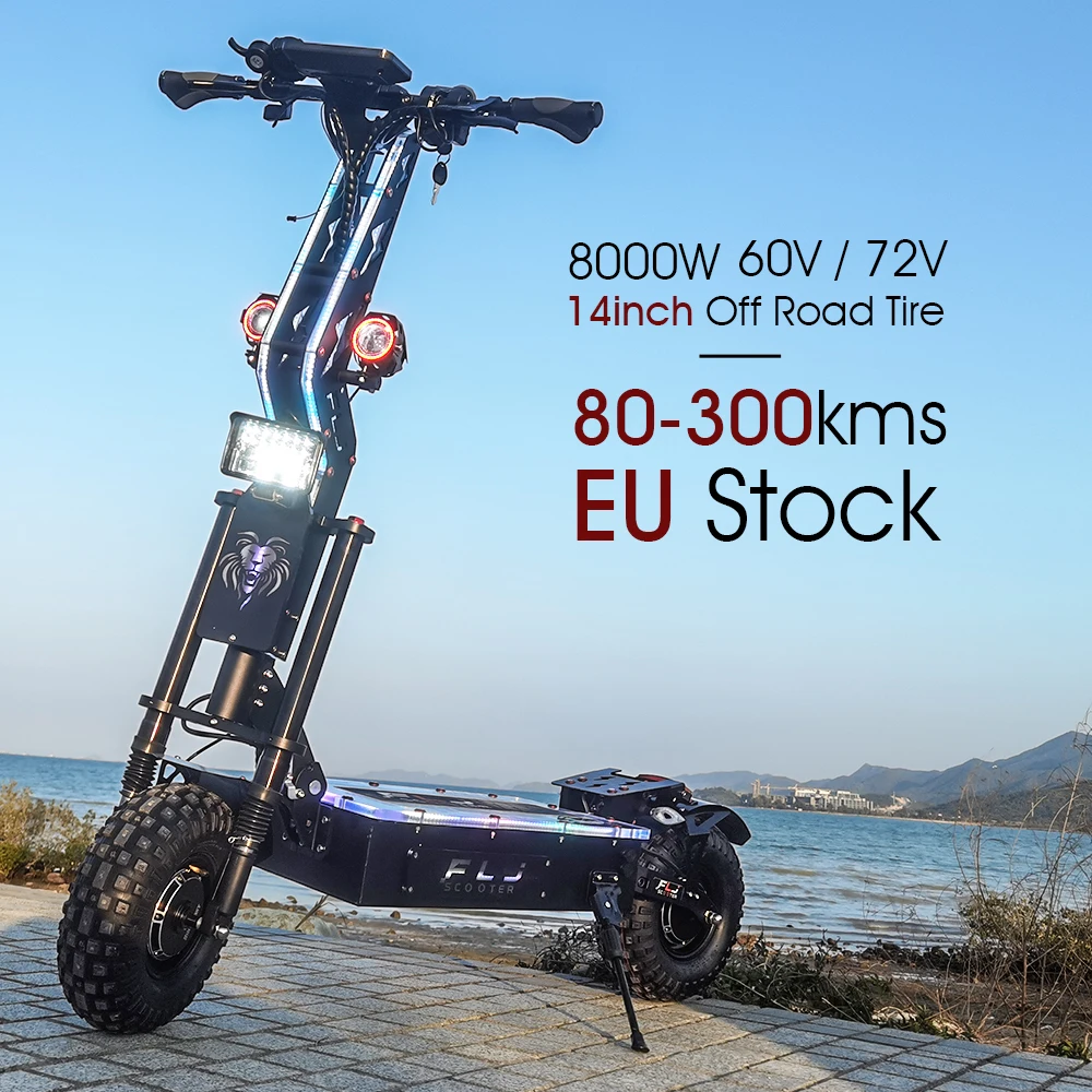 14inch 8000W E Scooter 80-300kms Range 60V/72V Dual Motor Newest Design Big Screen Adults Off Road Tire Electric Scooter