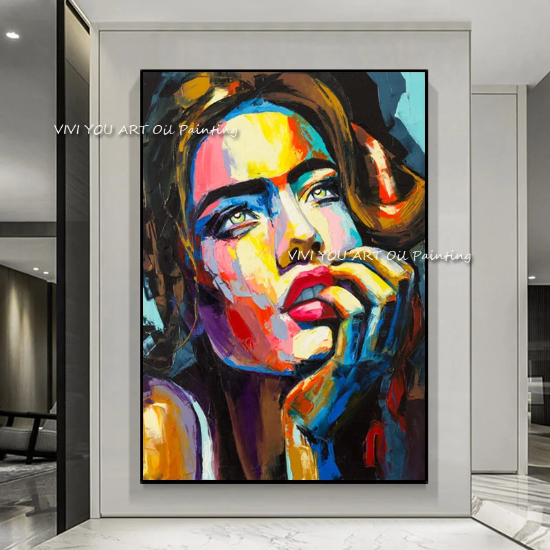 Original Hand Painted Pop Art Sexy Lady Face Oil Canvas, Impasto Texture Abstract Portrait Wall Art Decor For Villa Lobby