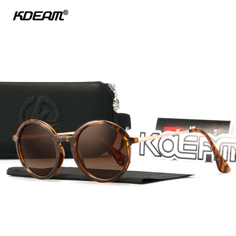 KDEAM Vintage Round Sunglasses Women Fashion Leopard Designed Sun Glasses Female With Hard Case Sticker Clean Cloth Manual