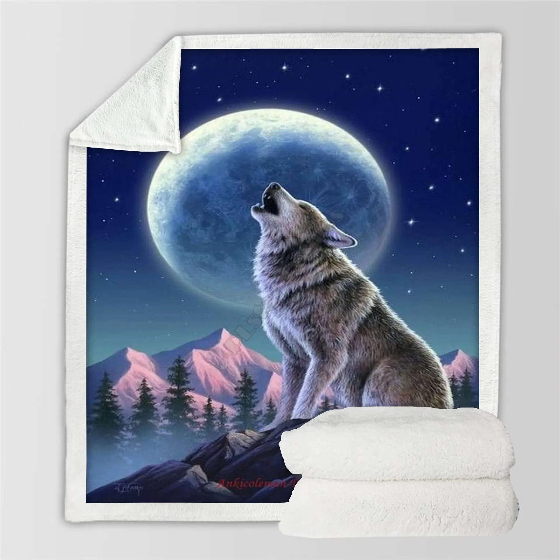 

Plstar Cosmos Moon Wolf Fleece Blanket 3D print Sherpa Blanket on Bed Home Textiles Dreamlike style-3