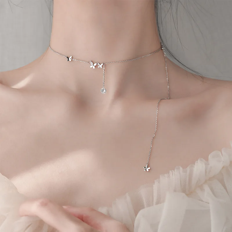 LIVVY Silver Color Butterfly Drop Shaped Crystal Zircon Pendant Necklace For Women Simple Trendy Birthday Party Jewelry Gifts