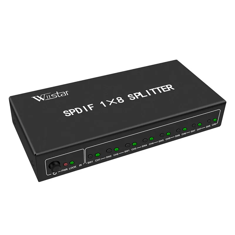 Divisor de áudio óptico digital spdif/toslink, novo estilo, 1x8, suporte para amplificador de áudio, dts/dolby, adaptador de energia, frete grátis