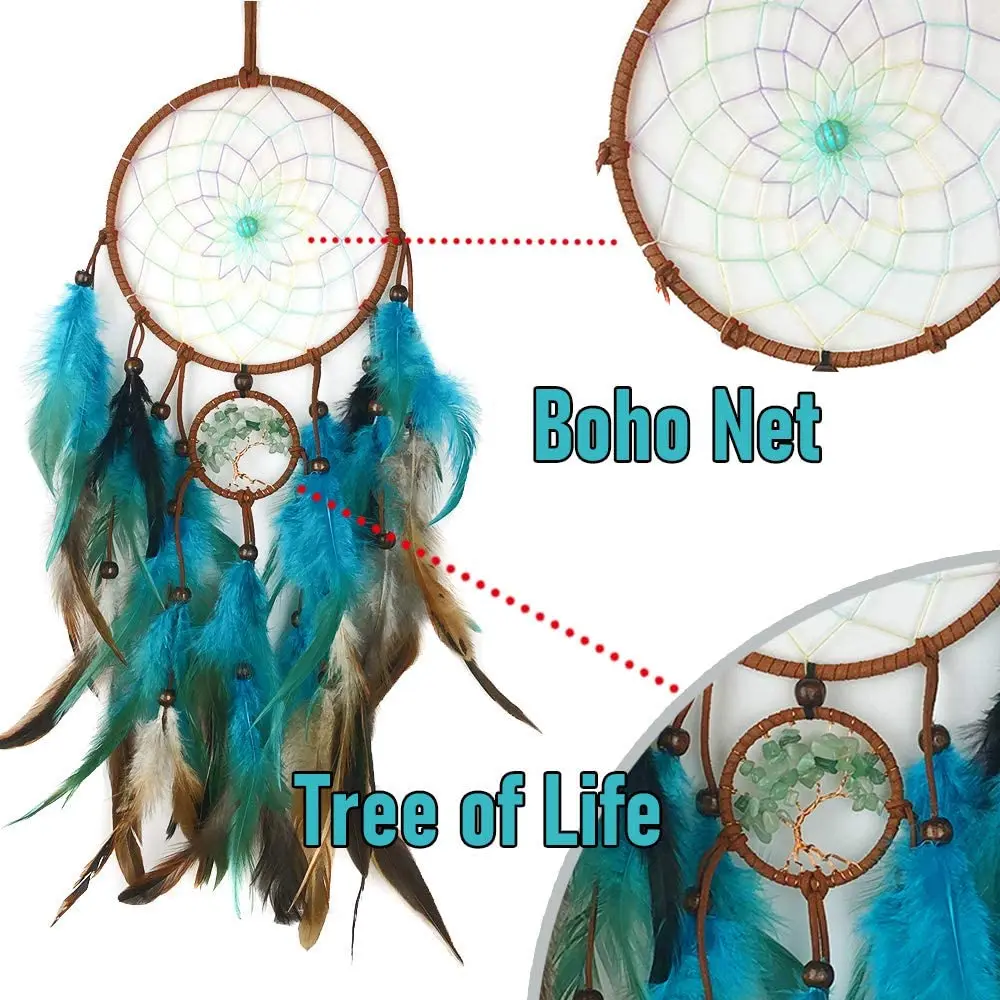 Łapacz snów drzewo życia z piórami indianie styl kryształowy kamień dom wiszący Ornament do sypialni akademik Handmade prezent 60cm