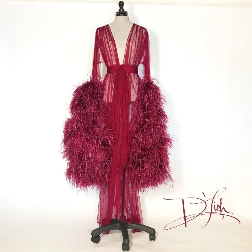 Burgundy Feather Robe Long Sleeves 2020 Fur Party Sleepwear Custom Made Nightgown Robes Puffy Skirt Photography Boudoir Pajamas