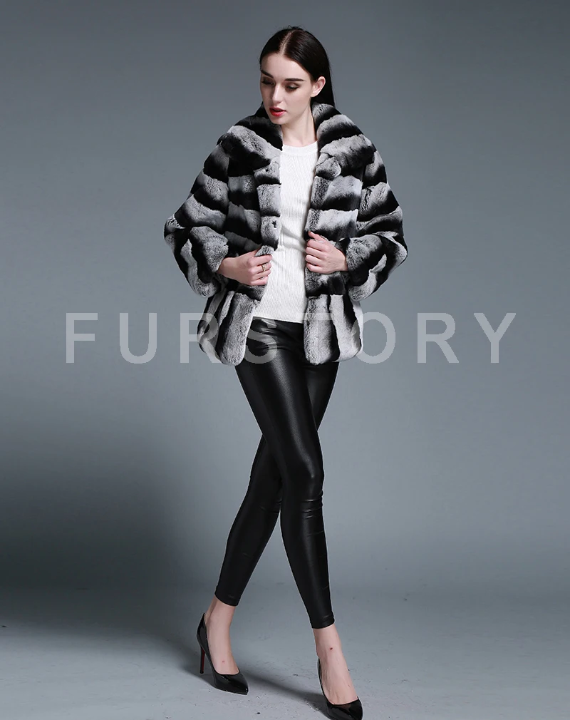 Chaqueta de piel auténtica para mujer, abrigos grandes con cuello vuelto, abrigos de piel de conejo, Color Chinchilla, FS15191