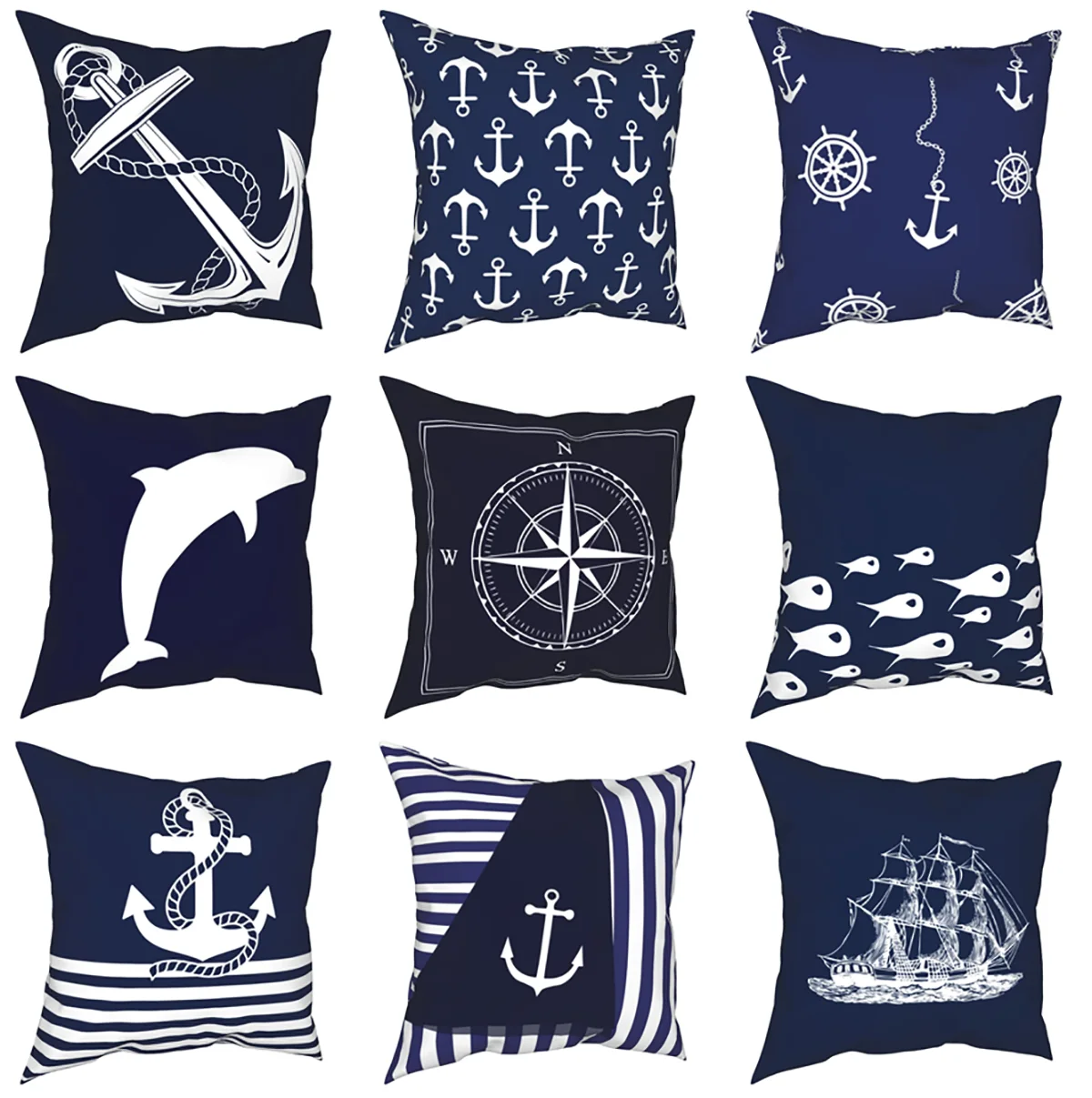 Blue Nautical Anchor Rudder Navy Navigation Pillowcases Mediterranean Bed Car Cushion Case Compass Decorative Pillowcase 45*45cm