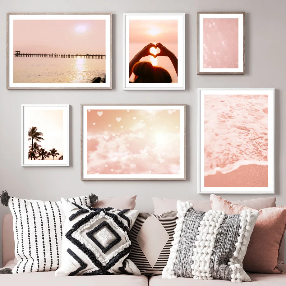 Pink Sea Beach Bridge Coconut Tree Love Wall Art Canvas Painting Nordic Posters And Prints Wall Pictures For Living Room Decor