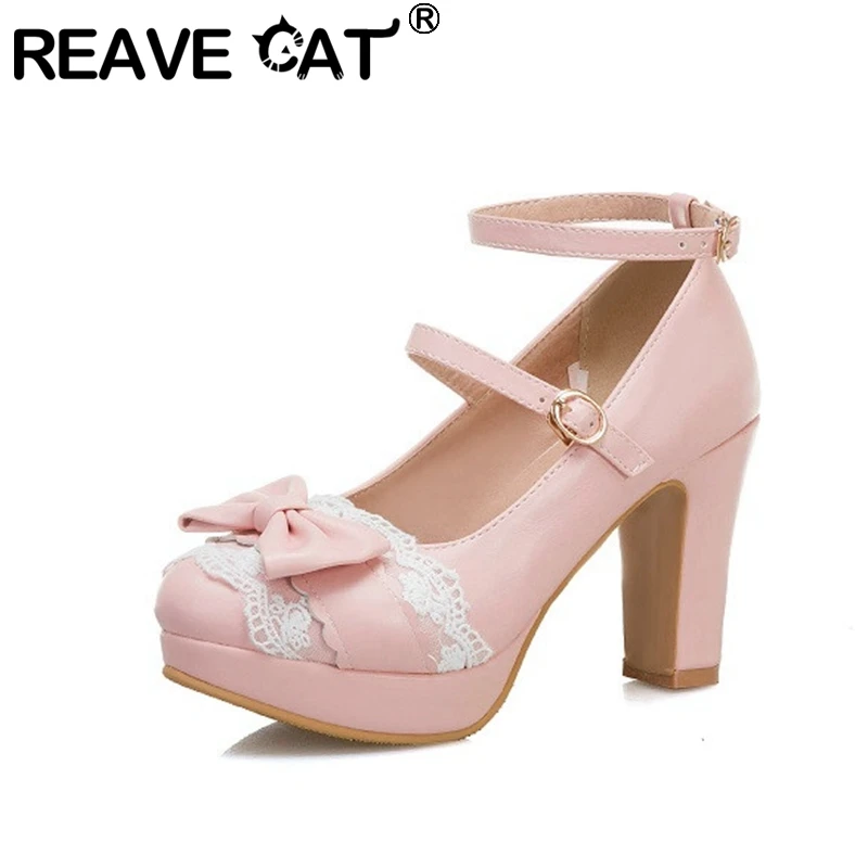 REAVE CAT Spring 2021 Ladies Heel Platform Cute Bow Lace Princess Mary Jane Lolita Shoes Party High Heel Buckle Pumps Pink A4359