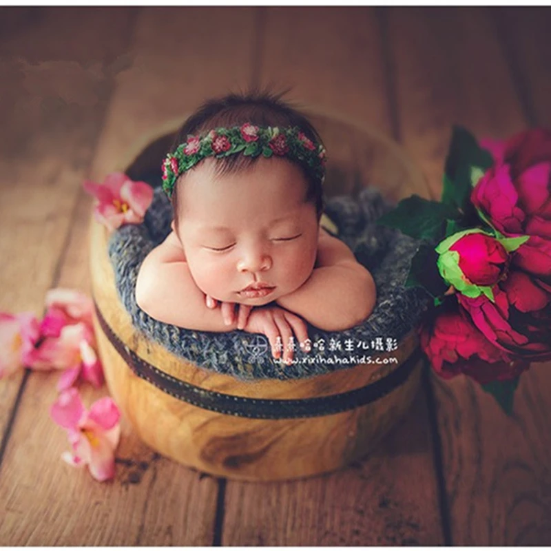 Newborn basket bucket photography props,baby handmade smoked wooden crib bed photography props