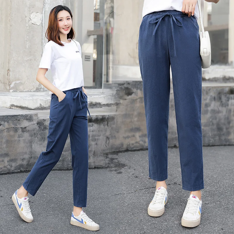 Women Summer Autumn Pants Cotton Linen Solid Elastic Waist Candy Colors Harem Soft Trousers Female Lady High Quality Pant S-XXL