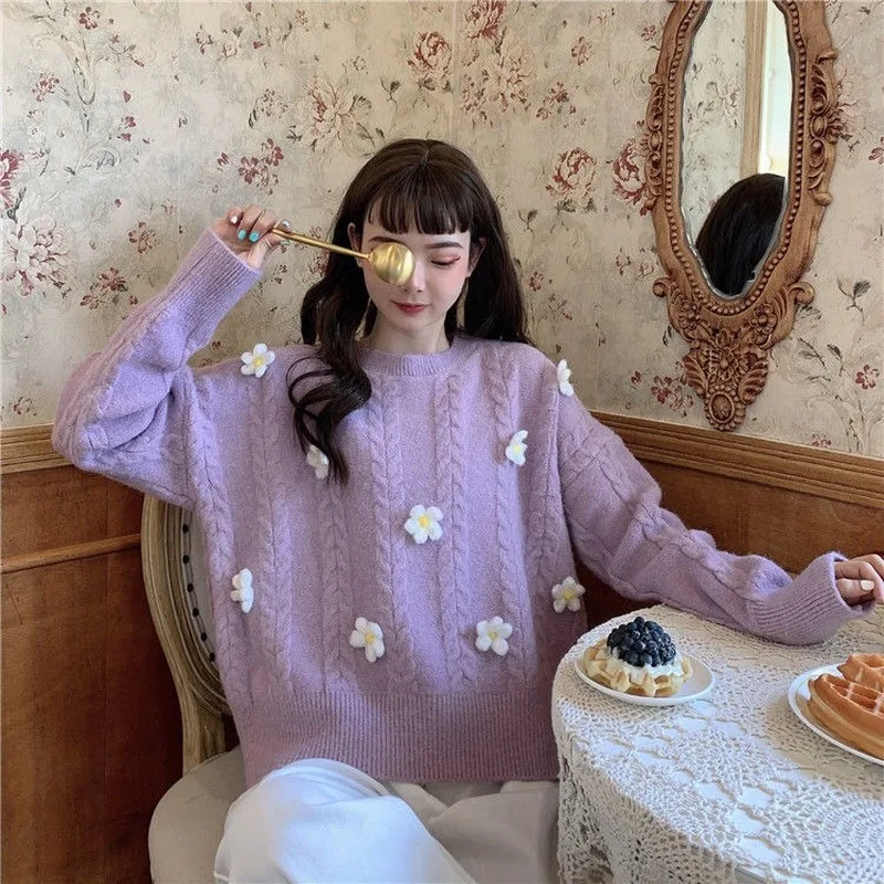 Sweaters Women Knitted Long-sleeve Flowers Sweet Lovely Oversize Girls Pullover Sweater Elegant Fashion All-match Causal Ulzzang