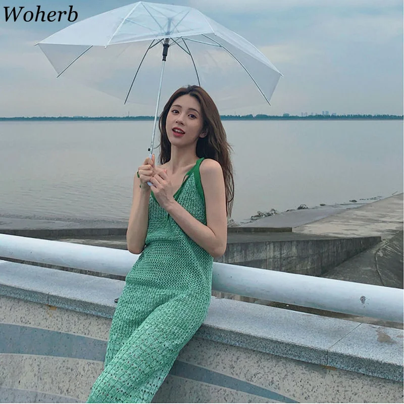 Woherb เซ็กซี่ Camis สปาเก็ตตี้สายคล้องคอสีเขียว Hollow Midi Vestido ฤดูร้อนถักวันหยุด Ropa Vestidos Elegant Vestidos Mujer