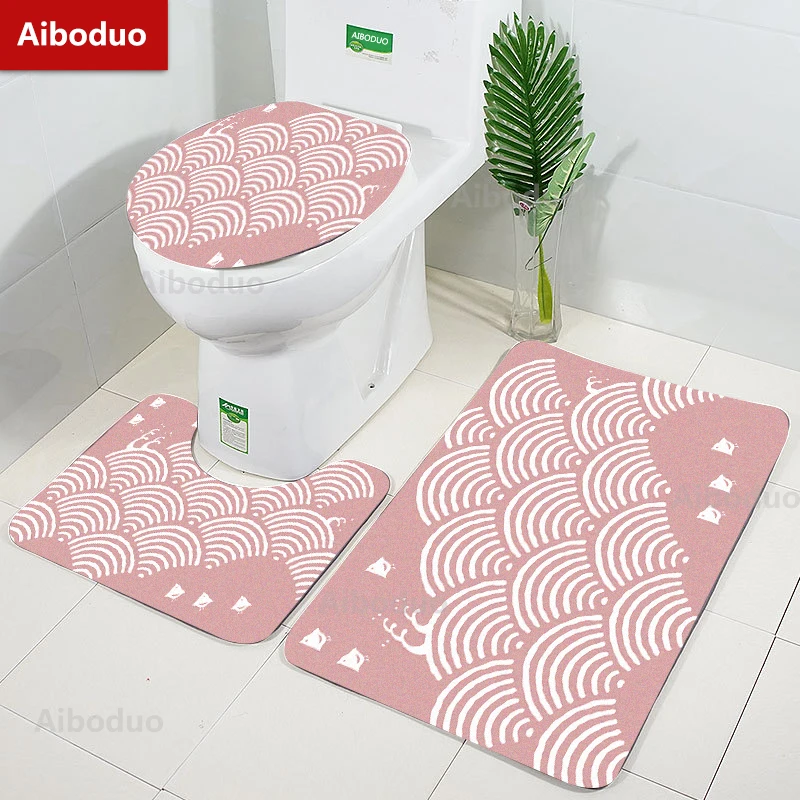 

Aiboduo Ukiyo-e Giant Waves NonSlip 3pcs/set Bathroom Pad Toilet Lid Cover Set Pink Japanese-style Bath Mat Rug Bathroom Carpet