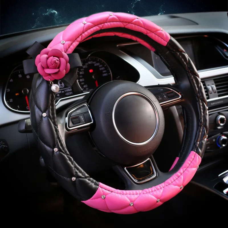 

Quality Leather Cartoon Flower Steering Wheel Covers Crystal Studded Rhinestone Car Steering-Wheel Cover Cases For Girls Womens