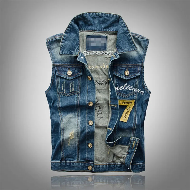 

yelek erkek 2022 Men's Patches Design Jeans Vest Ripped Denim Waistcoat Men Denim Vest Man Sleeveless Jeans Vest Frayed size 5XL