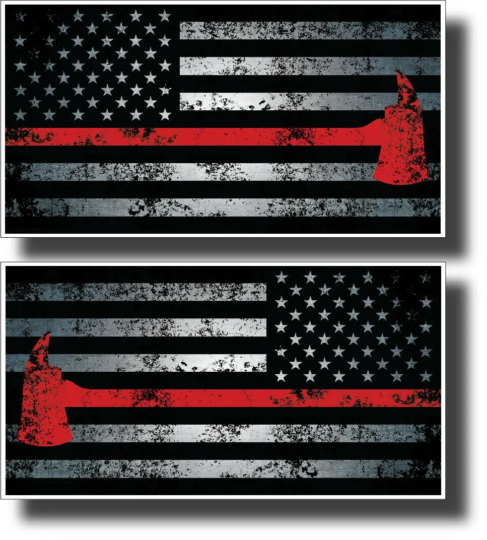 2 Thin Red Line Firefighter Firemen Helmet Axe American Flag Vinyl Decal Sticker Stickers for Cars, Motos, Laptops,  Industry